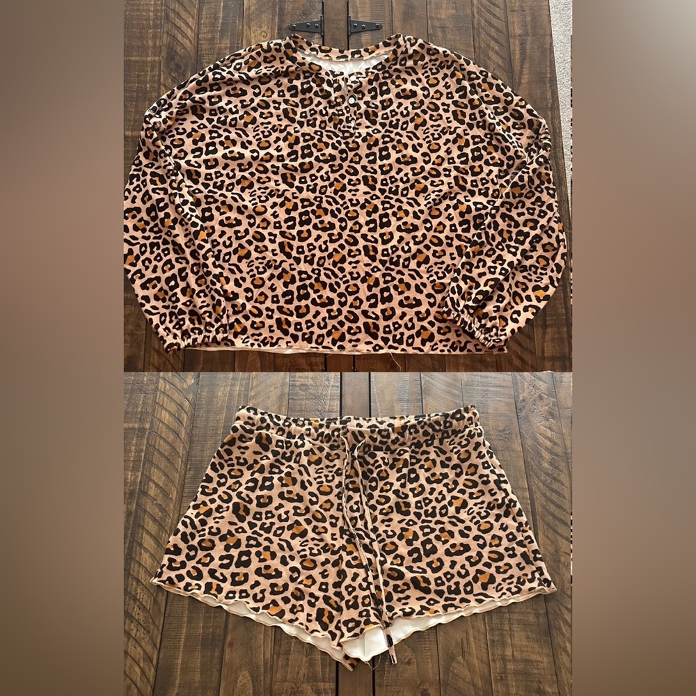 Asvivid Womens Leopard Cheetah Fleece Long Sleeve Shorts PJ Pajama Set